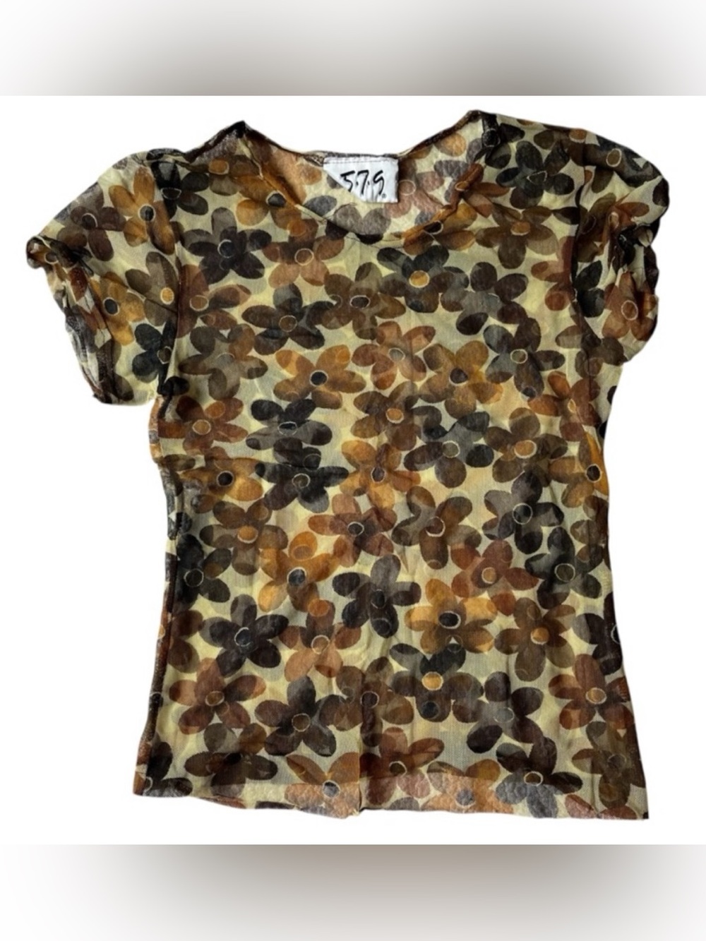 VINTAGE 579 BROWN SHEER FLOWER TOP SMALL WOMENS